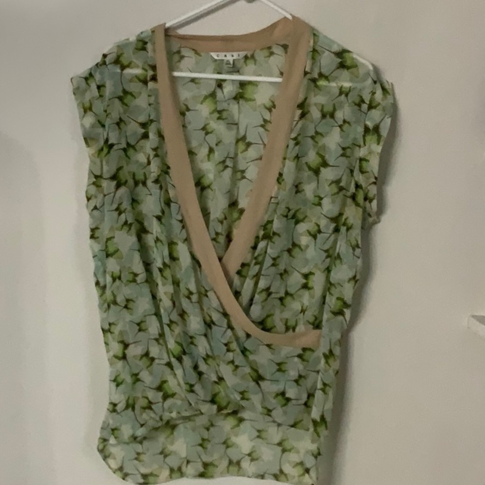 CAbi Green butterfly  faux wrap blouse with Tan Trim